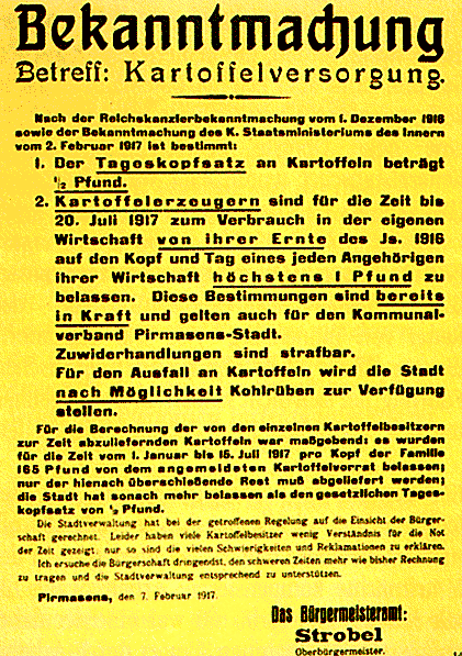 1917年2月にピルマゼンスで出されたジャガイモ供給に関する布告。