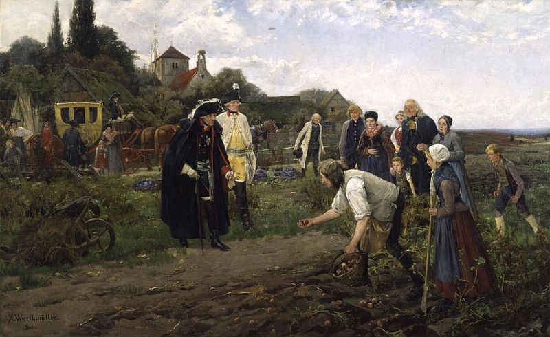 1886年にロベルト・ヴァルトミュラーが描いた絵画 „Der König überall“ （王はあらゆるところに）。フリードリヒ大王がジャガイモの収穫を視察する様子を描いている。