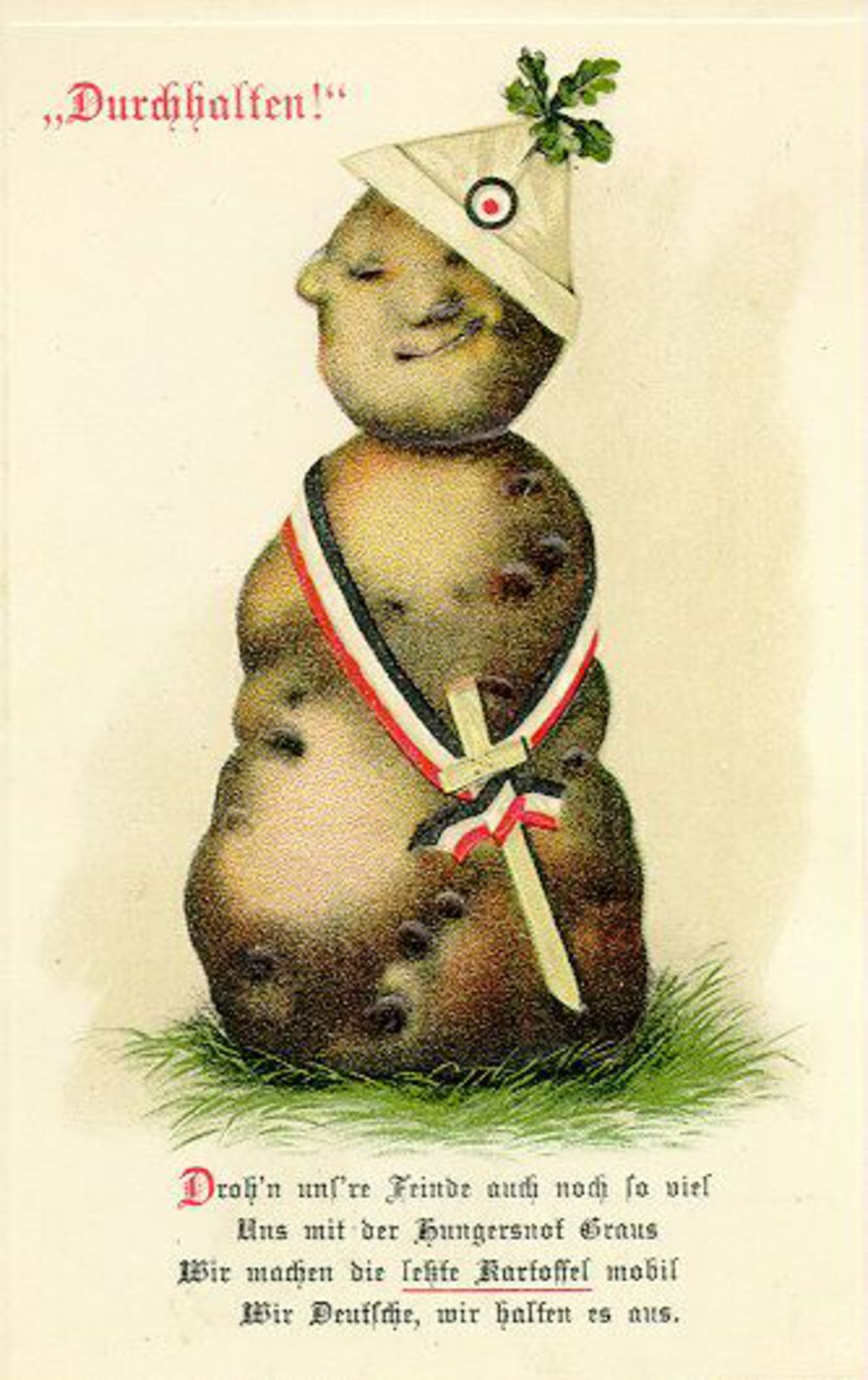 „Durchhaltenl“（耐えぬけ！）と書かれた第一次世界大戦中のドイツのプロパガンダ用のポスター。ジャガイモが兵士のように描かれている。