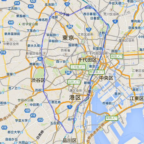 1枚目の地図において、東京の山手線の範囲を囲ったもの。この範囲が2枚目の地図にも出てくる。
