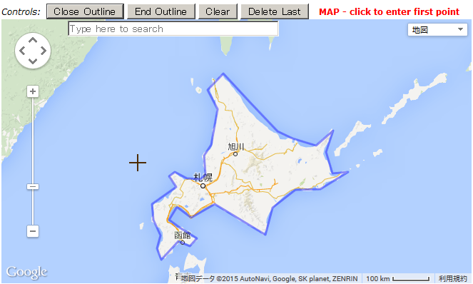 1枚目の地図上で、北海道を囲み終えたもの。