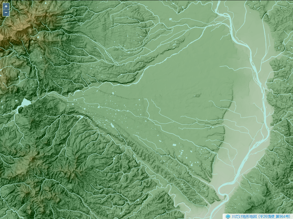 胆沢扇状地。岩手県南部の胆沢川流域にある。地図の西側にあるのが奥羽山脈で、この山地から東に向かって流れ出た河川によって扇状地が形成されている。