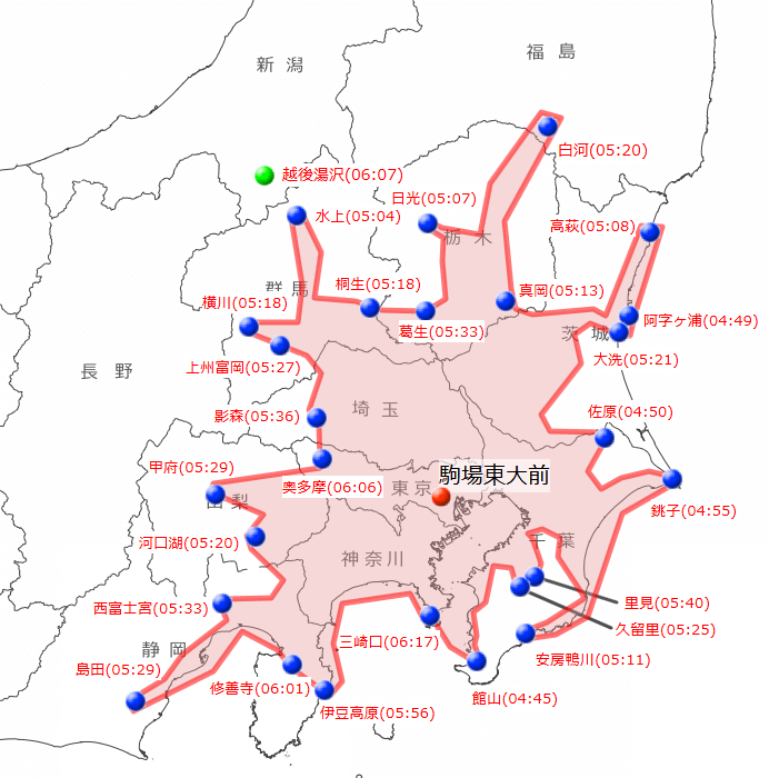 駒場東大前駅に午前8時25分までに着く範囲を示した地図