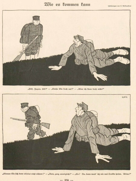 1914年9月15日（火）付けの『ジンプリツィシムス』に載った「どうそれが来られるというのか」(Wie es kommen kann) というタイトルの風刺画（Olaf Gulbransson による）。