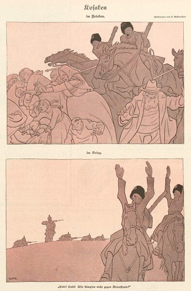 1914年9月1日（火）付けの『ジンプリツィシムス』に載った「平時のコサック、戦時のコサック」(Kosaken im Frieden, im Krieg) というタイトルの風刺画（Olaf Gulbransson による）。