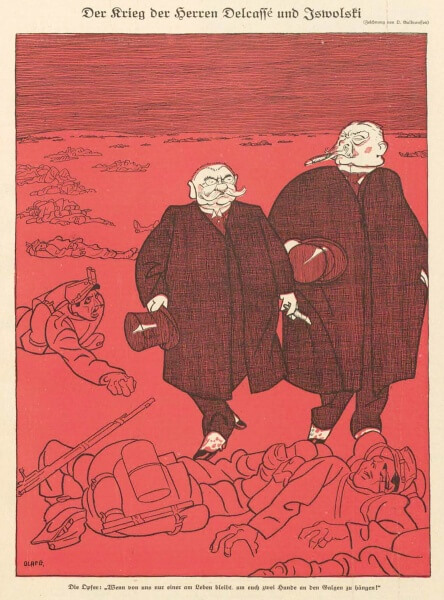 1914年9月8日（火）付けの『ジンプリツィシムス』に載った「デルカッセ氏とイズヴォリスキー氏の戦争」(Der Krieg der Herren Delcassé und Iswolski) というタイトルの風刺画（Olaf Gulbransson による）。