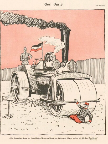 1914年9月15日（火）付けの『ジンプリツィシムス』に載った「パリの前で」(Vor Paris) というタイトルの風刺画（Thomas Theodor Heine による）。